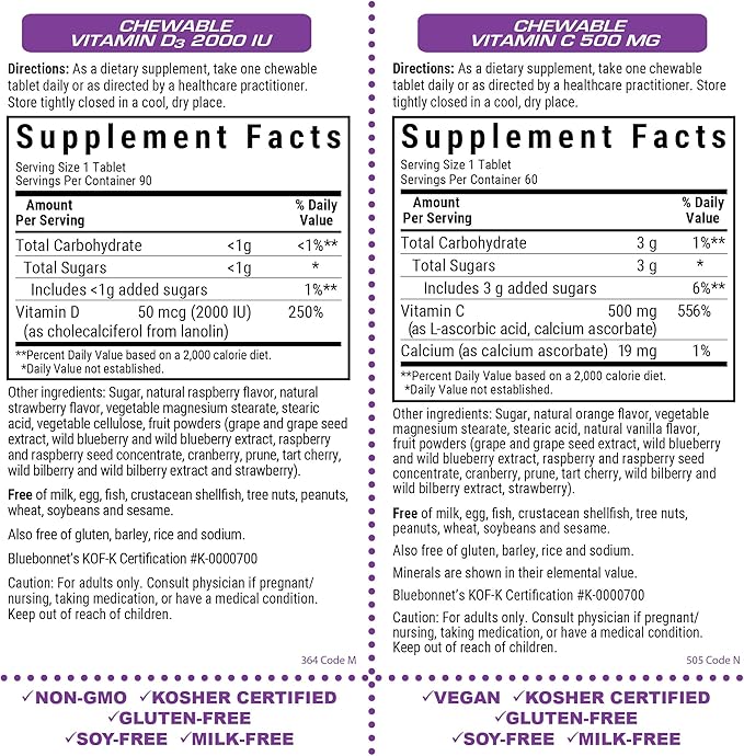 BlueBonnet Nutrition Vitamin D3 2000 IU Chewables and Vitamin C 500 mg Chewables Bundle