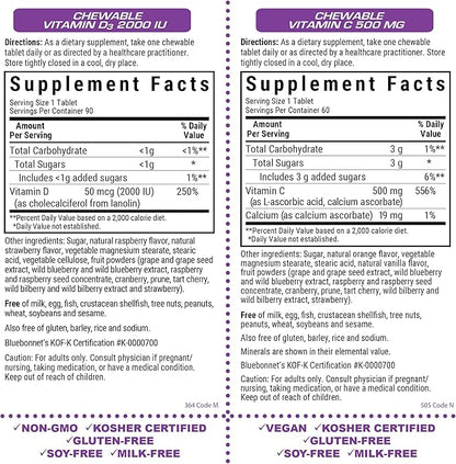 BlueBonnet Nutrition Vitamin D3 2000 IU Chewables and Vitamin C 500 mg Chewables Bundle
