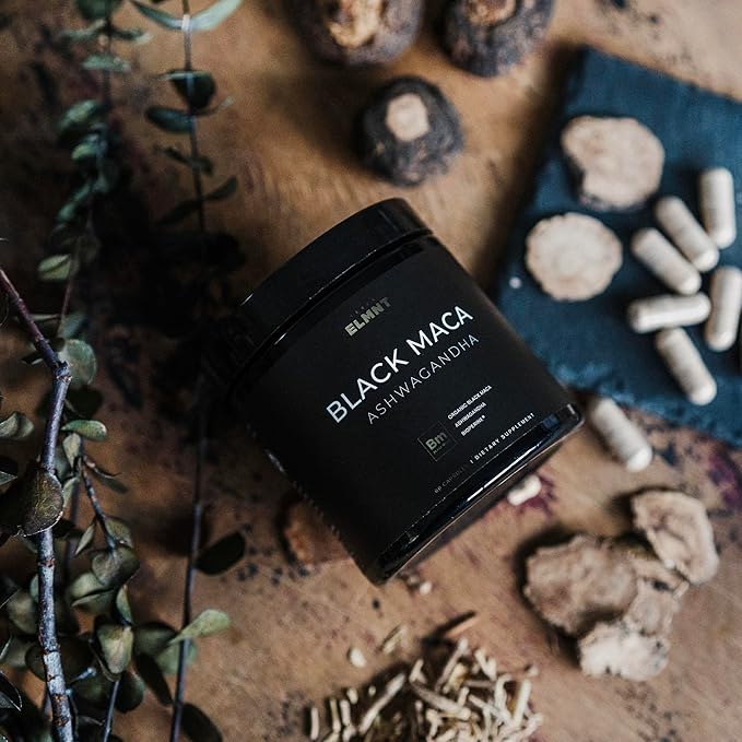 ELMNT 40,000mg 40x Strength Organic Black Maca Root + Ashwagandha - #1 Highest Potency Black Maca Root Capsules for Men Supplement 100% Pure Maca Peruana 40:1 Extract Maca Powder Pills Male Booster
