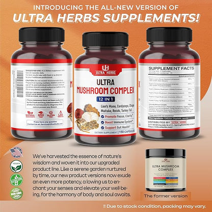 Ultra Mushroom Supplement Complex w Lion's Mane Cordyceps Maitake - 8 in 1 Mushroom Brain Supplements for Enhanced Clarity and Focus | 150 Capsules