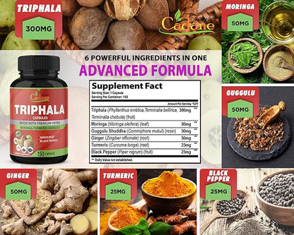 Organic Cadane Triphala Extract Capsules, 5 Months Supply with Turmeric, Guggulu, Ginger, Black Pepper, Moringa - Support Digestion Health & Immune System