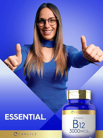 Carlyle B12 Vitamin 3000 mcg | 180 Tablets | Vegetarian Supplement | Non-GMO & Gluten Free