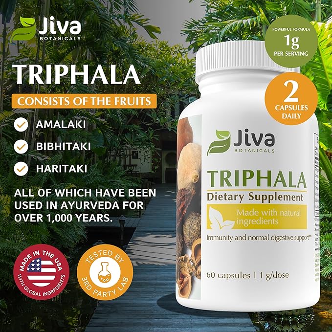 Jiva Botanicals Triphala Supplement - Triphala Capsules Made with Amalaki, Bibhitaki and Haritaki Powder for Normal Digestive Health & Normal Immune System - 60 Capsules