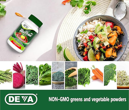 DEVA Tuba Prime Vegan Multivitamin Iron-Free - High-Potency Vitamin & Mineral Dietary Supplement - Antioxidants, Fruit & Vegetable Blend, Super Mushrooms, Probiotics, Prebiotics, Seeds, Herbs 90 Tabs