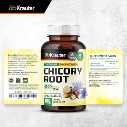 BIO KRAUTER Chicory Fiber Supplement - 1200 mg Strength - 100 Count - Chicory Root Powder - Inulin Capsules for Digestive Support - Vegan