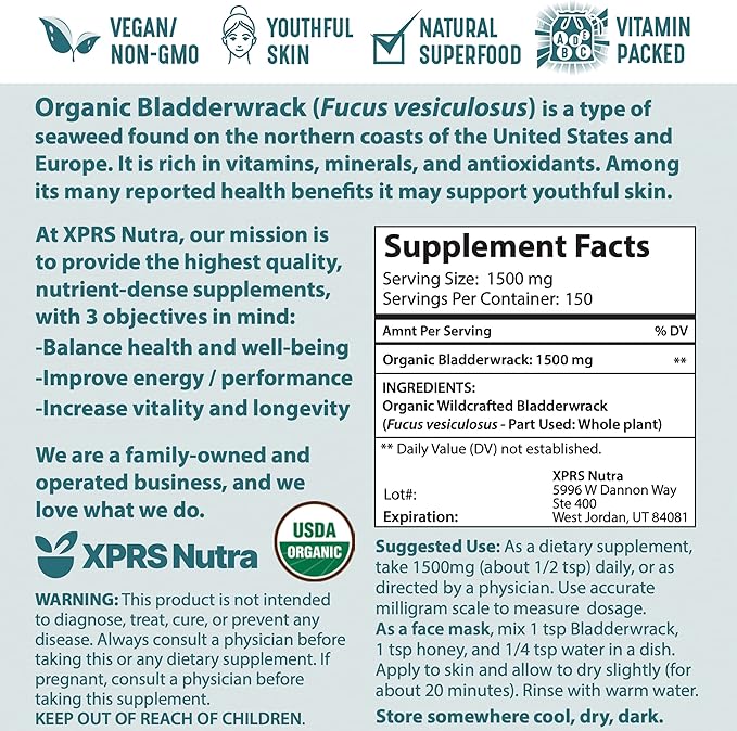 XPRS Nutra Organic Bladderwrack Powder (Fucus Vesiculosus) - Premium Bladderwrack Organic Powder for Glowing Skin - Vegan Friendly Bladderwrack Herb Iodine Supplement (8 Ounce)