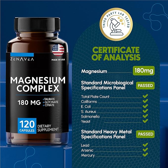 Triple Magnesium Complex Supplement (120 Vegan Capsules) - 180mg of Magnesium Glycinate Taurate and Citrate - Calm Magnesium Complex Supplements
