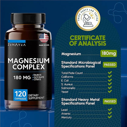 Triple Magnesium Complex Supplement (120 Vegan Capsules) - 180mg of Magnesium Glycinate Taurate and Citrate - Calm Magnesium Complex Supplements
