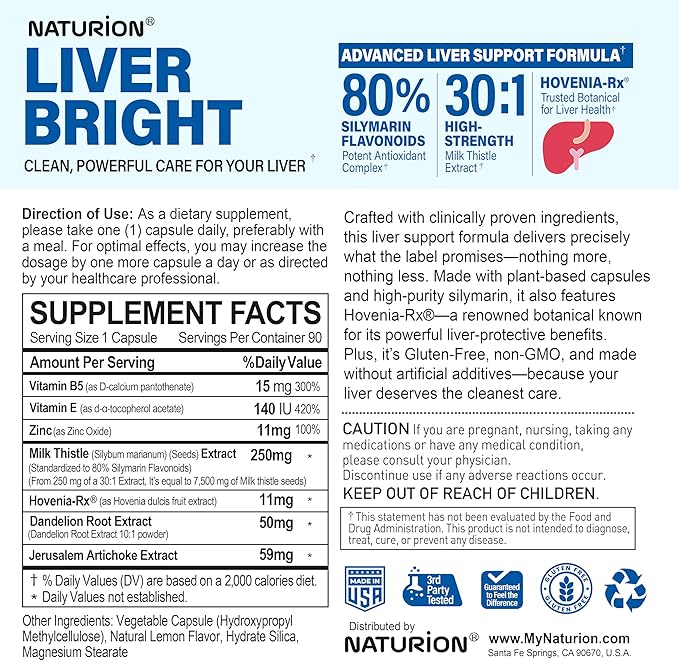 LIVER BRIGHT Milk Thistle 30:1 Extract – 7500 mg High Strength, 80% Silymarin, with Hovenia, Dandelion Root 10:1, Zinc, Vitamin B5 & E – 100% Vegetarian Formula – 90 Vegan Capsules, 90 Day Supply