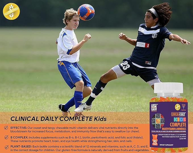Clinical Daily Complete Kids Multivitamin Daily Gummy Supplement for Brain, Vision, Bone and Immune Health. Vitamins A, C, E,D,B6,B12, Folate, Biotin, Essential Minerals. 90 Gluten Free Yummy Gummies
