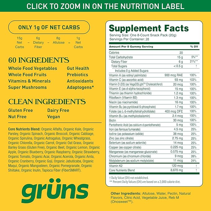 Gruns Adult Sugar-Free Super Greens Gummies, Superfood Gummy Bears with Spirulina, Chlorella, Fiber & Prebiotics for Digestive Health, Adaptogens Supplement with 20 Vitamins & Minerals, 28 Packets