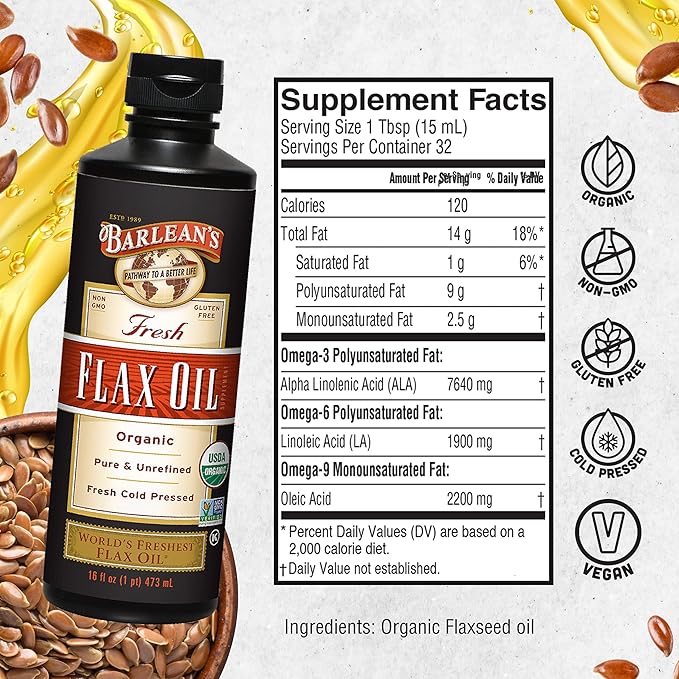 Barlean's Organic Flaxseed Oil Liquid from Cold Pressed Flax Seeds, 7,640mg ALA Omega 3 Fatty Acid Supplement for Joint and Heart Health, Vegan & Gluten Free, 16 oz
