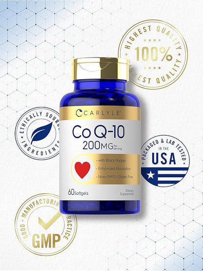 Carlyle CoQ10 200mg Softgels | 60 Count | with Black Pepper | Enhanced Absorption | Non-GMO, Gluten Free Supplement