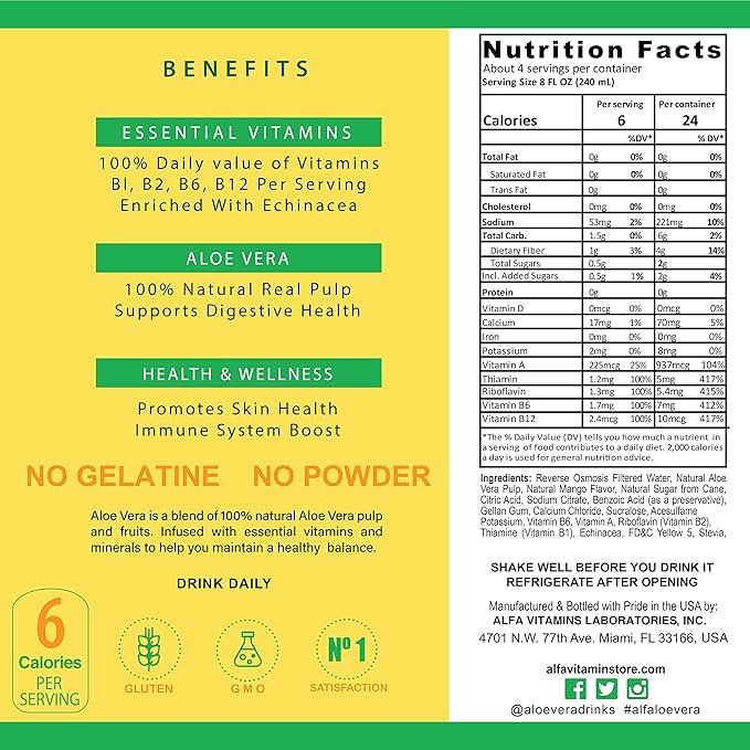 Alfa Vitamins Aloe Vera Drink Original Flavor - Natural Pulp - 34 Ounce - 6 Pack (Mango)