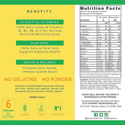 Alfa Vitamins Aloe Vera Drink Original Flavor - Natural Pulp - 34 Ounce - 6 Pack (Mango)