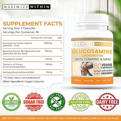 Glucosamine Chondroitin with Turmeric & MSM for Healthy Joints, 60 Veggie Capsules