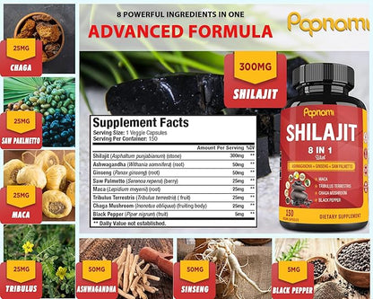 Shilajit Himalayan Supplement for Men & Women - 150 Capsules Combined Ashwagandha, Ginseng, Saw Palmetto, Maca, Tribulus, Chaga & Black Pepper - Vitality Energy and Immune Supports