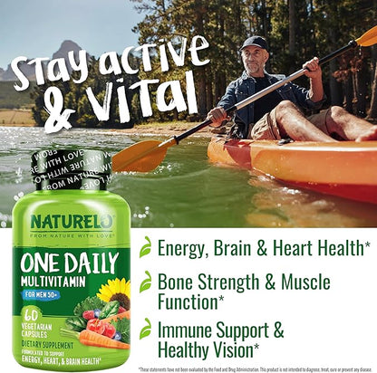 NATURELO Mens Multivitamins for Men 50+ - One Daily Multivitamin for Men with Vitamins, Minerals & Organic Whole Foods, Boost Energy & Health, Non-GMO, 60 Vegetarian Capsules