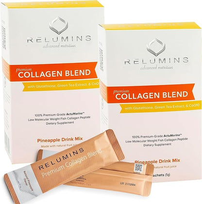 Relumins Marine Collagen Powder Drink Mix - Collagen Peptide with Glutathione, Green Tea, CoQ10, & Hyaluronic Acid Boosts Smooth Glowing Skin - 20 Powder Sachets x Pineapple Flavored + 2 Free Sachets