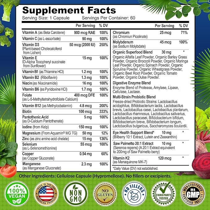 Men's Daily Multivitamin 50 Plus - Vegan Methylated Multivitamin for Men 50 and Over - Saw Palmetto, Biotin, Organic Superfoods, Lutein - Eye, Energy, Gut, Health Support - Easy to Swallow Capsules