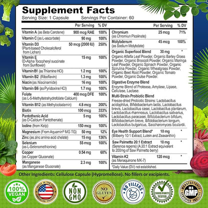 Men's Daily Multivitamin 50 Plus - Vegan Methylated Multivitamin for Men 50 and Over - Saw Palmetto, Biotin, Organic Superfoods, Lutein - Eye, Energy, Gut, Health Support - Easy to Swallow Capsules