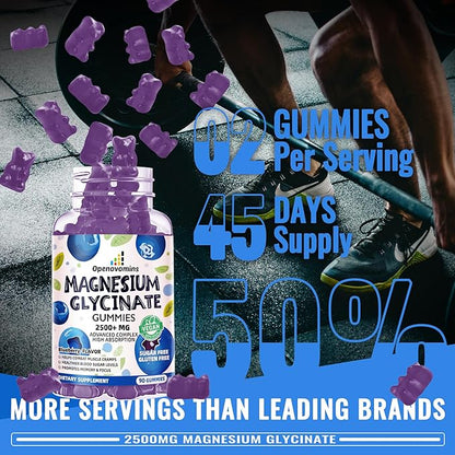 Magnesium Glycinate Gummies 2500mg - Sugar Free Magnesium Potassium Supplement with Vitamin D, B6, CoQ10 for Calm Mood & Sleep Support - 90 Blueberry Gummies