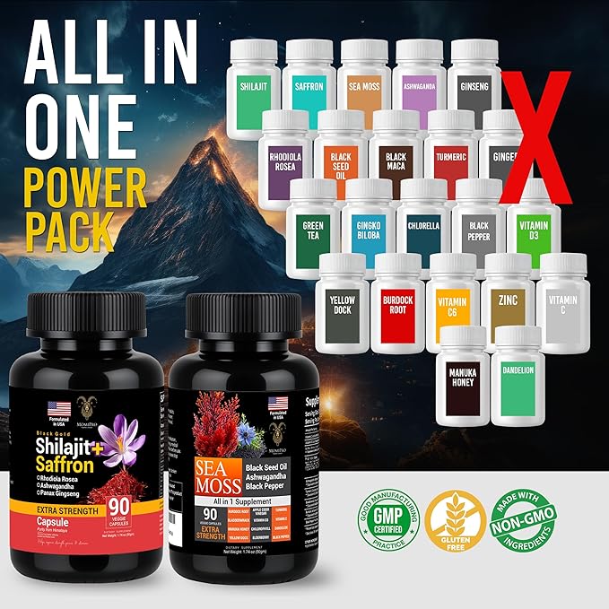 Pure Himalayan Saffron Shilajit and Sea Moss for Men & Women-Shilajit Capsules & Sea Moss Capsules Organic- Ashwagandha & Black Seed Oil Ashwagandha Burdock Root-All in One Supplement