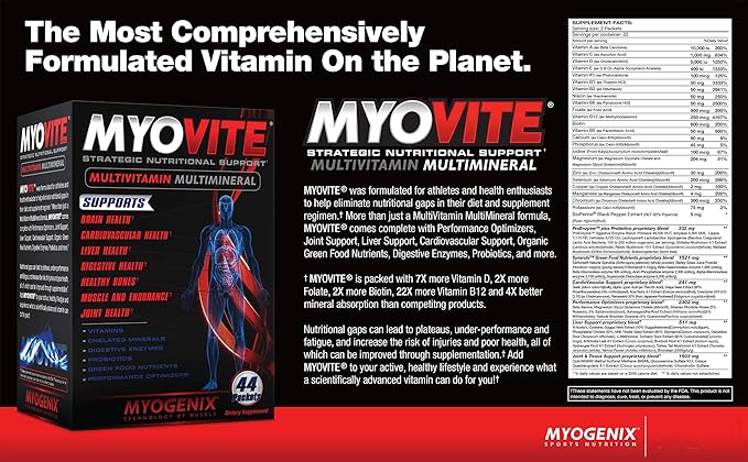 Myogenix Myovite Multivitamins for Athletes - High Performance Vitamins for Men and Women Athletes, Daily Vitamins for Optimum Nutrition, Muscle Function, and General Health, 44 Packets per Box