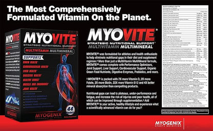 Myogenix Myovite Multivitamins for Athletes - High Performance Vitamins for Men and Women Athletes, Daily Vitamins for Optimum Nutrition, Muscle Function, and General Health, 44 Packets per Box