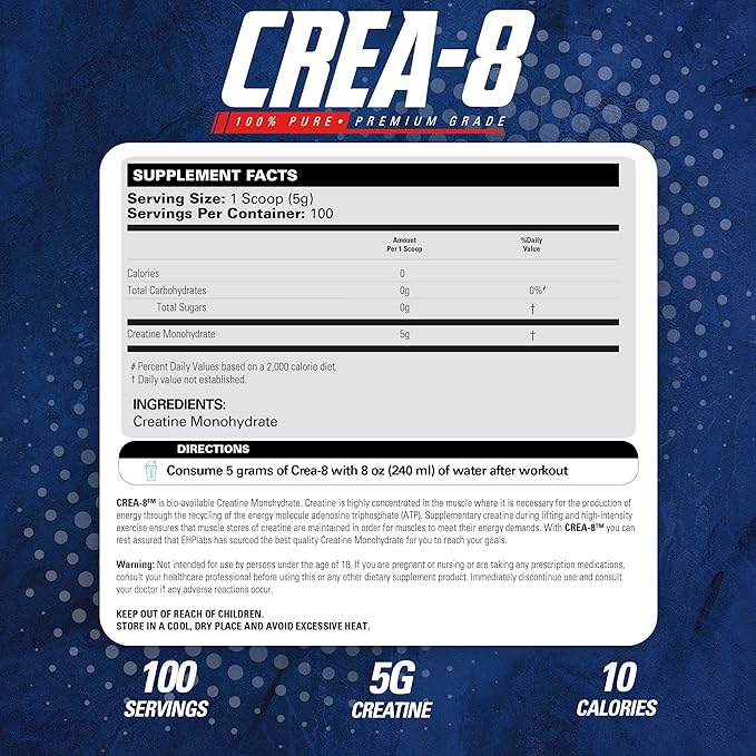 EHP Labs CREA-8 Creatine Monohydrate Powder - Unflavored Creatine Powder for Muscle Growth, Increased Strength, Enhanced Energy Output and Improved Performance - 100 Servings (500g)