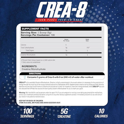 EHP Labs CREA-8 Creatine Monohydrate Powder - Unflavored Creatine Powder for Muscle Growth, Increased Strength, Enhanced Energy Output and Improved Performance - 100 Servings (500g)