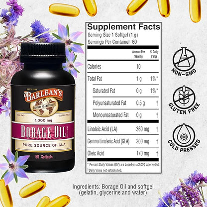 Barlean's Borage Oil Capsules, 1000mg Cold Pressed Pure Borage Seed Oil GLA Supplement, Omega 6 for Healthy Skin Joints and Bones and Brain Function, Non-GMO and PA Safe, 60 Count