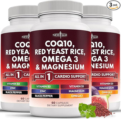 NEW AGE COQ10 200mg Red Yeast Rice Omega 3-6-9 Magnesium Complex Zinc Vitamin K2 D3 - Support Vitamins for Women and Men with Vitamin B3, Coenzyme Q10-180 Count