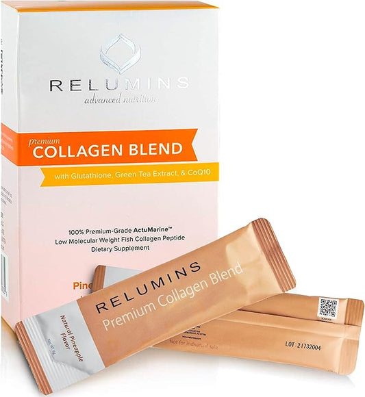 Relumins Marine Collagen Powder Drink Mix - Collagen Peptide with Glutathione, Green Tea, CoQ10, & Hyaluronic Acid Boosts Smooth Glowing Skin - 10 Powder Sachets x Pineapple Flavored