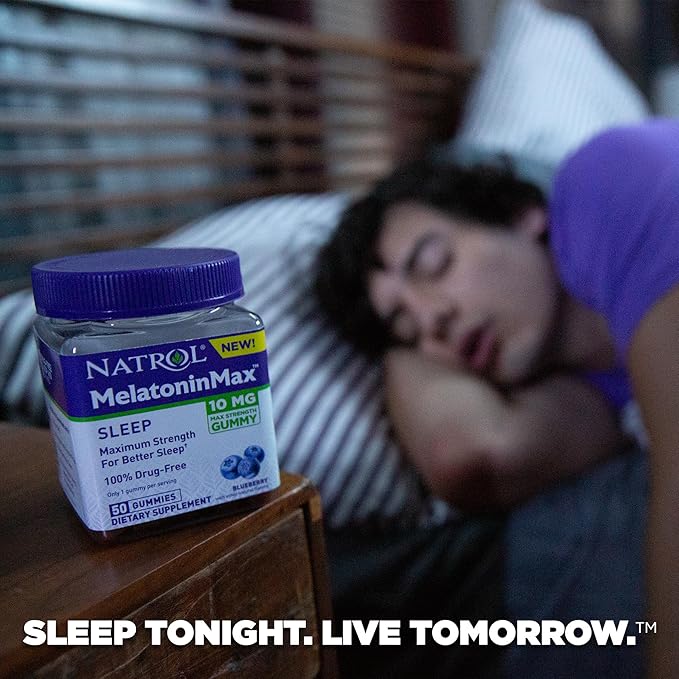 Natrol Melatonin Max Sleep Aid Gummy, 10mg per Gummy, Maximum Strength for Better Sleep, Drug Free & Gelatin Free, 80 Blueberry Flavored Gummies (Pack of 2)