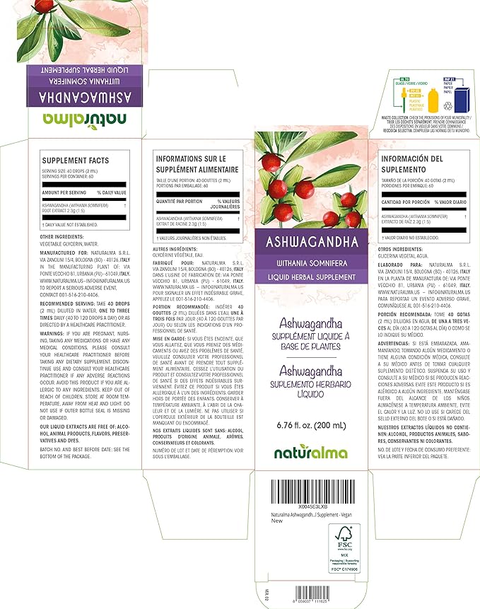 Naturalma Ashwagandha (Withania somnifera) Root Alcohol-Free Tincture - 6.76 fl oz Liquid Extract in Drops - Herbal Supplement - Vegan