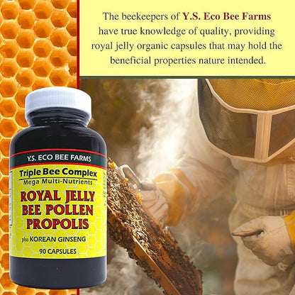 Worldwide Nutrition Y.S. Eco Bee Farms Triple Bee Complex Royal Jelly Bee Pollen Propolis with Korean Ginseng - Health and Wellness Organic Bee Pollen Supplement - 90 Ct w/Multi Purpose Key Chain