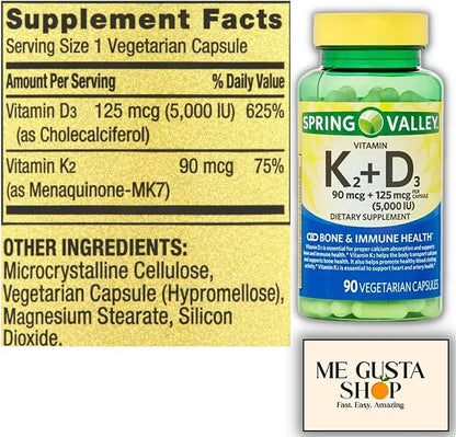 Spring Valley Vitamin K2 90mcg + D3 125mcg 90 Count Vegetarian Capsule inclued Pills Organizer