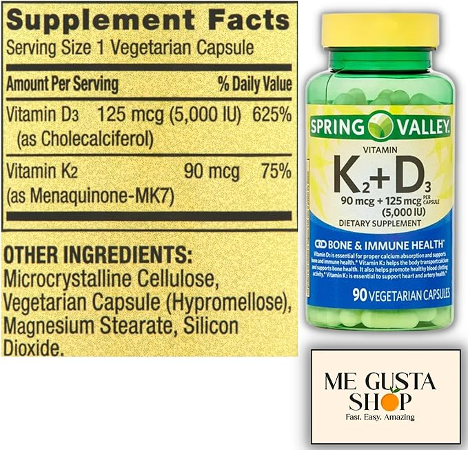Spring Valley Vitamin K2 90mcg + D3 125mcg 90 Count Vegetarian Capsule inclued Pills Organizer