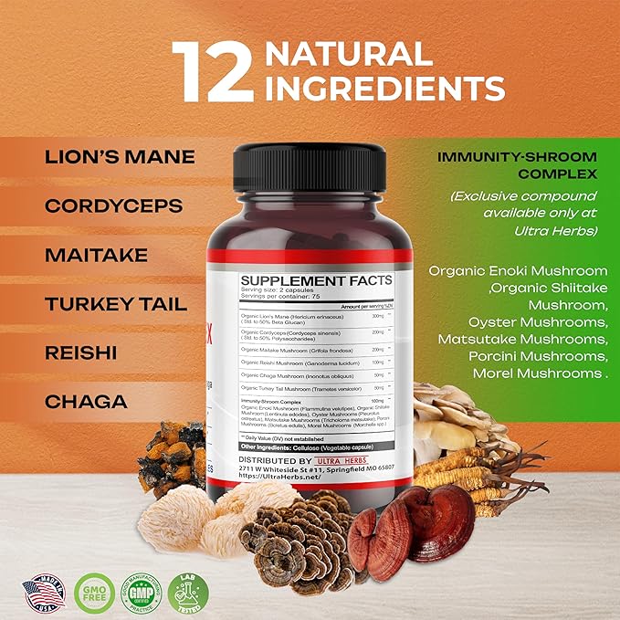 Ultra Mushroom Supplement Complex w Lion's Mane Cordyceps Maitake - 8 in 1 Mushroom Brain Supplements for Enhanced Clarity and Focus | 150 Capsules