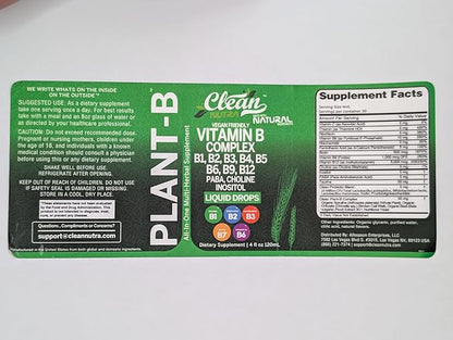 Vitamin B Complex Liquid Drops | Thiamine B1, B6, B2, B3, B4, B5, B7 B9, B12, Niacinamide, Paba, Choline Inositol Taurine Probiotics Beet Root Spirulina - Plant-B Vitamin Supplements by Clean Nutra