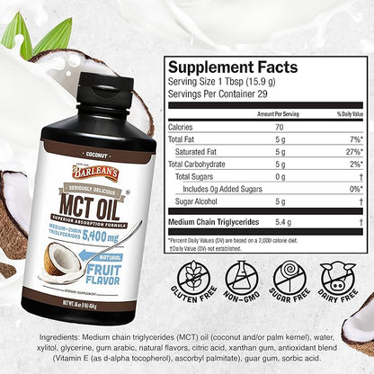 Barlean's MCT Oil Supplement, Coconut Flavored for Keto Coffee, Emulsified Creamy Liquid Syrup with 5,400mg Plant-Based MCT's to Support Energy, Focus and Wellness, 16 oz