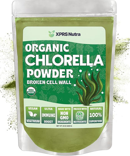 XPRS Nutra Organic Chlorella Powder - Broken Cell Wall Chlorophyll Powder - Chlorella Organic Powder for Immunity - Vegan Friendly Chlorella Powder Organic for Complete Protein (8 Ounce)