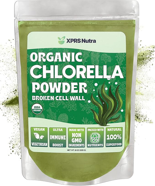 XPRS Nutra Organic Chlorella Powder - Broken Cell Wall Chlorophyll Powder - Chlorella Organic Powder for Immunity - Vegan Friendly Chlorella Powder Organic for Complete Protein (8 Ounce)