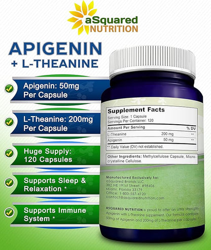 aSquared Nutrition Apigenin 50mg & L-Theanine 200mg - 120 Capsules - Apigenin Supplement Pills for Sleep and Relaxation - Natural Bioflavonoid Extract Found in Chamomile Tea
