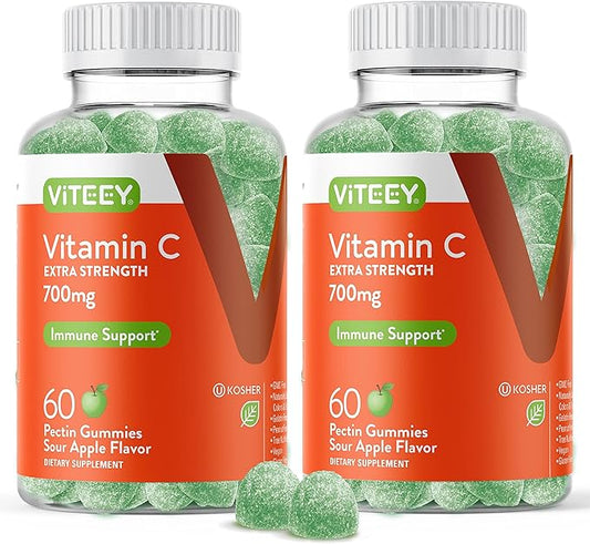 Vitamin C Gummies for Adults & Teens, 700mg Extra Strength - Immune Support Gummies - Immune Booster - Vegan, Gelatin Free -Tasty Vitamin C Chewable Sour Apple Flavored Gummy-60 Count (Pack of 2)