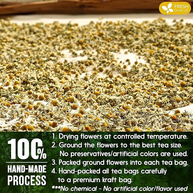 FRESHDRINKUS, Premium 16 Chamomile Tea Bags, 100% Natural and Pure Chamomile Flowers, Eco-conscious Tea Bags. Chamomile Flower Herbal Tea. No Sugar, No Caffeine, No Gluten, Vegan.