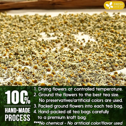 FRESHDRINKUS, Premium 16 Chamomile Tea Bags, 100% Natural and Pure Chamomile Flowers, Eco-conscious Tea Bags. Chamomile Flower Herbal Tea. No Sugar, No Caffeine, No Gluten, Vegan.
