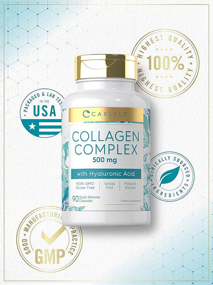 Carlyle Collagen Pills with Hyaluronic Acid 500mg | 90 Capsules | Hydrolyzed Collagen Supplement | Non-GMO, Gluten Free