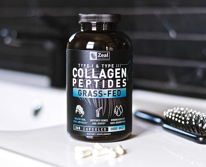 Zeal Naturals Collagen Peptides Collagen Pills (360 Capsules) Grass Fed Collagen Pepetide Powder - Hydrolyzed Collagen Powder for JointTendon SupplementHair Skin and Nails -